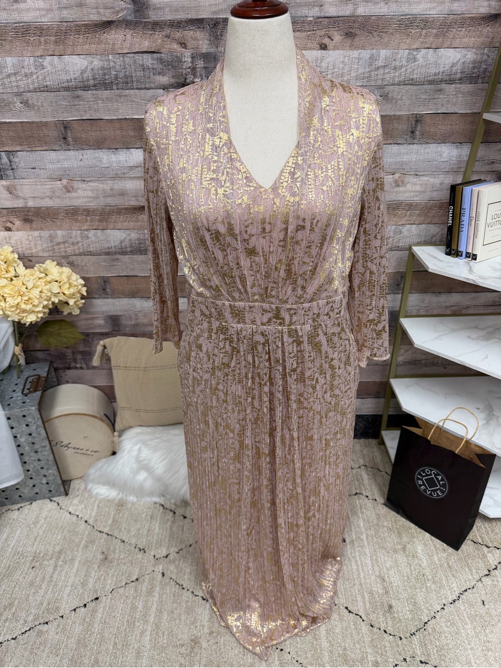 Chicos Champagne Metallic 3/4 Sleeve V neck Dress